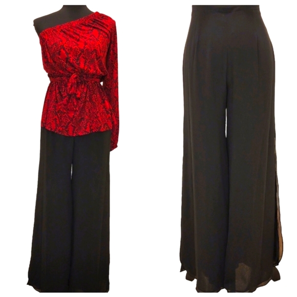 Dana Kay Sheer Palazzo Wide Leg Pants with Lining and Side Slits - Picture 1 of 12